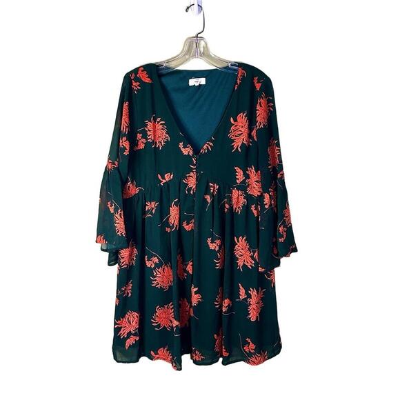Entro Babydoll Dress Sz Large Hunter Green Mini Boho Flowy Floral Milkmaid - Picture 1 of 11